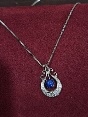 Vintage Art Deco Style Sterling Silver Blue Star Sapphire Pendant Necklace 18"